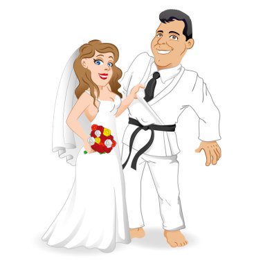 Damat çift aşk, gelinle damat tarafından kimono tutarak. Damat ve katalogları, bilgilendirme ve kurumsal malzeme için bir dövüş sanatları savaşçı Ideal