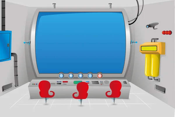 Cenário ou fundo de uma sala de controle futurista especial com tela grande. Ideal para material educativo, animações e jogos — Vetor de Stock