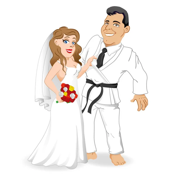Vőlegény pár a szerelem, a menyasszony a vőlegény gazdaság a kimonó. A vőlegény és a harcművészet harcos ideális katalógusok, tájékoztató és intézményi anyag — Stock Vector