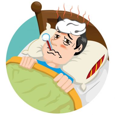 Sorunlar ve ateş belirtileri ile beyaz erkek maskotu. İçin ideal eğitim Sağlık ve tıbbi bilgi malzemeleri