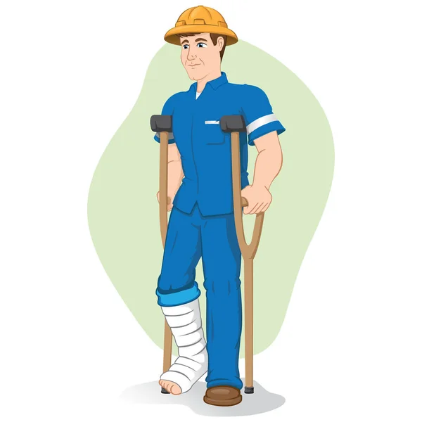 Illustrazione di un operaio caucasico, di stampelle con gamba ferita, fasciate o intonacate. Ideale per materiali medici e istituzionali — Vettoriale Stock
