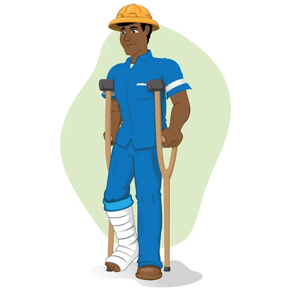 Ilustración de un operario afrodescendiente, de muletas con pierna lesionada, vendadas o enlucidas. Ideal para materiales médicos e institucionales — Vector de stock