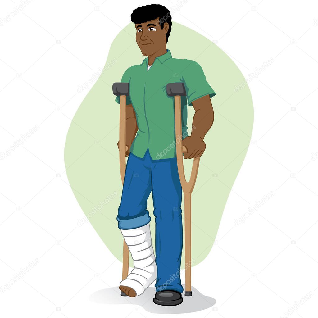 Illustration of an afrodescendant person, of crutches with injured leg, bandaged or plastered. Ideal for medical and institutional materials