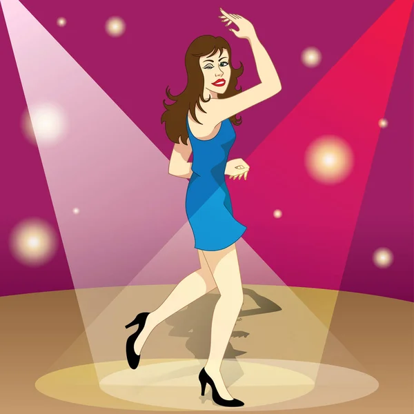 Gyönyörű barna boldog lány boldogan táncolni az éjszakát a ballada. Ideális a promóciós és intézményi anyagok — Stock Vector