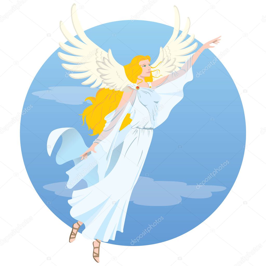  Illustration beautiful angelic woman blonde, goddess, with flying wings. Ideal for religious and educational materials
