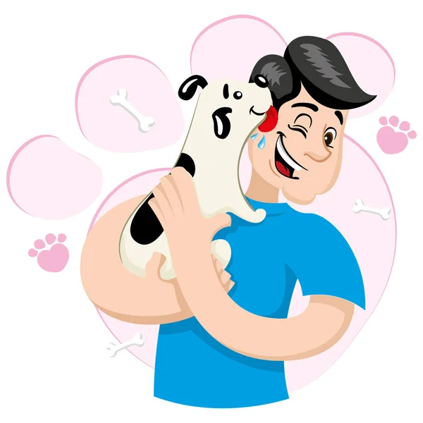 Illustration mascot bob hugging a dog demonstrating a lot of affection. Ideal for visual communication, veterinary information and institutional material — Stock Vector