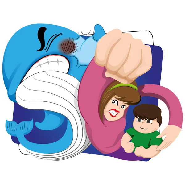 Illustration of a mother protecting her child against the risk of the blue whale. Ideal for educational materials and warning, prevention — Stock Vector