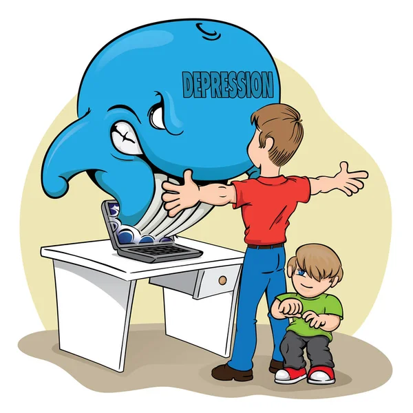 Εικονογράφηση ενός πατέρα που προστατεύει το παιδί από τον κίνδυνο της μπλε φάλαινας. Ιδανικό για εκπαιδευτικά υλικά και προειδοποίησης, πρόληψης — Διανυσματικό Αρχείο
