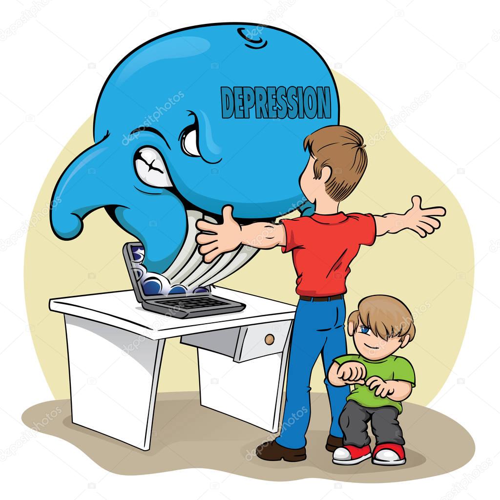 Illustration of a father protecting her child against the risk of the blue whale. Ideal for educational materials and warning, prevention