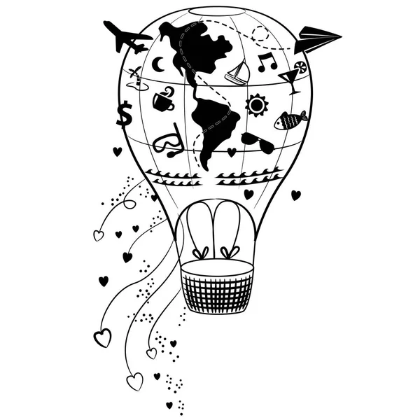 Illustration Tätowierung, Luftballon mit amüsanten Symbolen für Reisen und Tourismus. ideal zum Färben von Materialien oder Tätowiermodell — Stockvektor