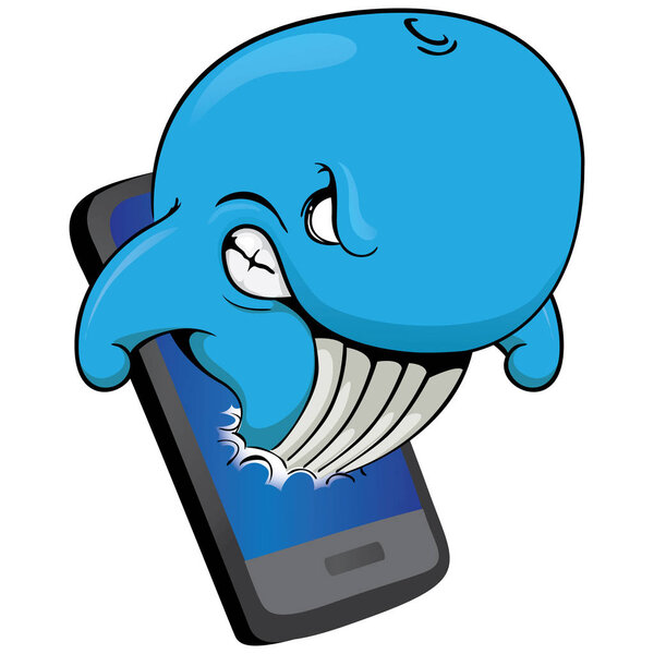 Illustration of a blue whale coming out of a mobile phone, warning of the dangers of the internet. Ideal for educational materials and warning, prevention