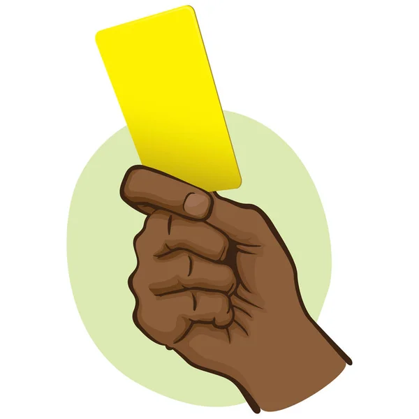 Illustration of person afrodescendente, hand holding a yellow card. Ideal for sports catalogs, informative and institutional guides — Stock Vector