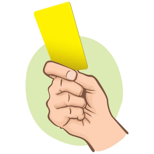Illustration of Caucasian person, hand holding a yellow card. Ideal for sports catalogs, informative and institutional guides — Stock Vector