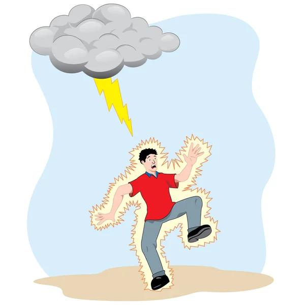 Ilustración que representa a un joven recibiendo una descarga eléctrica de un rayo natural. Ideal para catálogos, información y seguridad y material institucional — Vector de stock