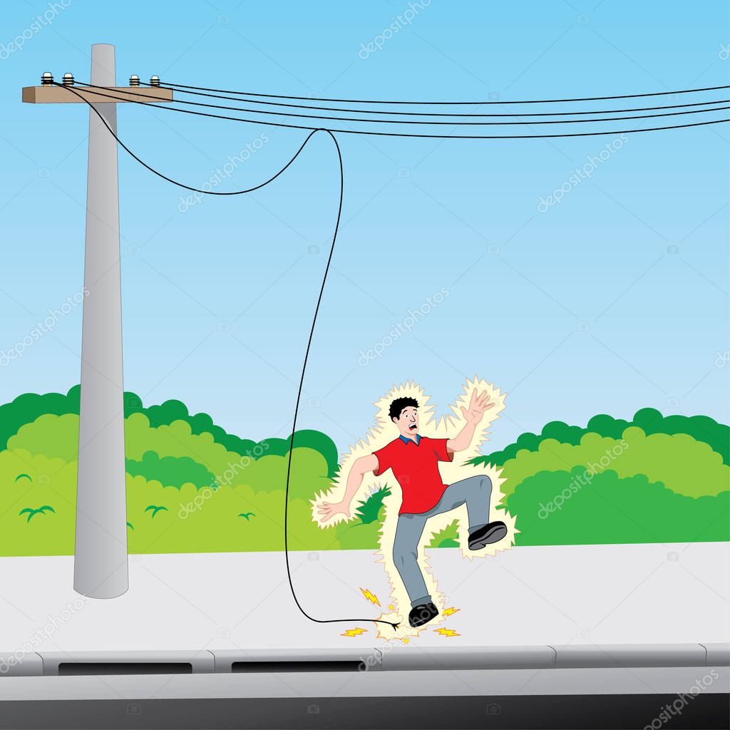 Illustration depicting a young man receiving an electric discharge on exposed electric wire. Ideal for catalogs, information and safety and institutional material