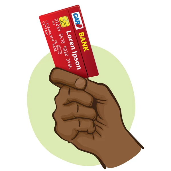 Illustration represents the close-up of a hand holding a credit card, African descent. Ideal for financial campaigns — Stock Vector