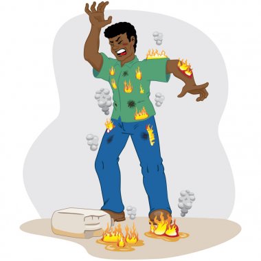 Illustration represents safety at work, Afrodescending worker man catching fire after an accident with inflammable product. Ideal for work safety and educational materials clipart