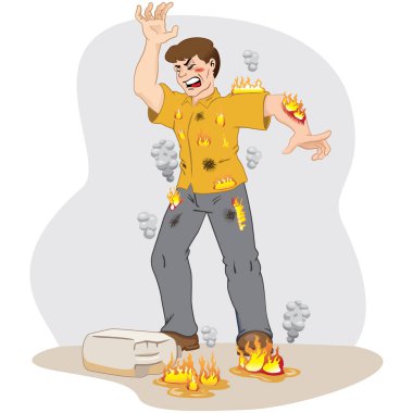 Illustration represents safety at work, caucasian worker man catching fire after an accident with inflammable product. Ideal for work safety and educational materials clipart