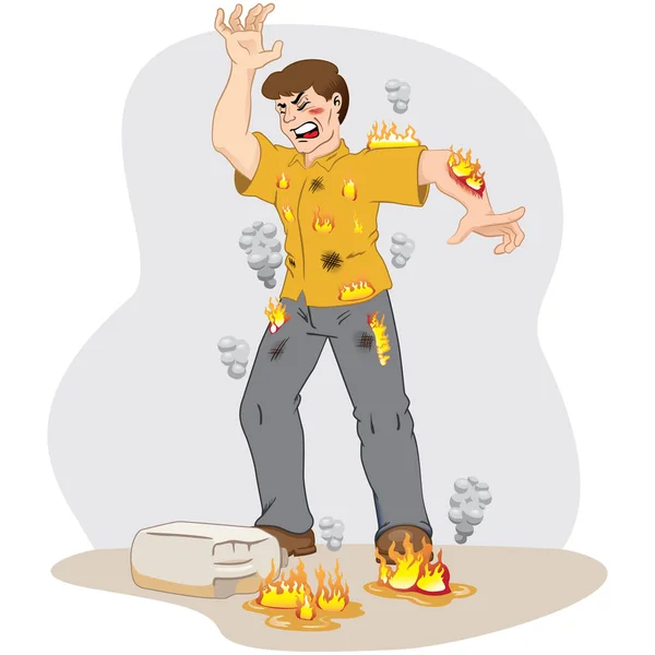 Ilustración representa la seguridad en el trabajo, trabajador caucásico hombre que se prende fuego después de un accidente con producto inflamable. Ideal para materiales educativos y de seguridad en el trabajo — Vector de stock