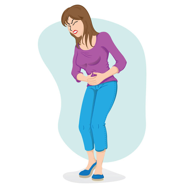Illustration of woman with symptom of pain in the stomach, belly. Ideal for medical and educational materials