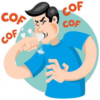 Illustration depicts a character Bob Caucasian man with cough symptoms. Ideal for health and institutional information clipart