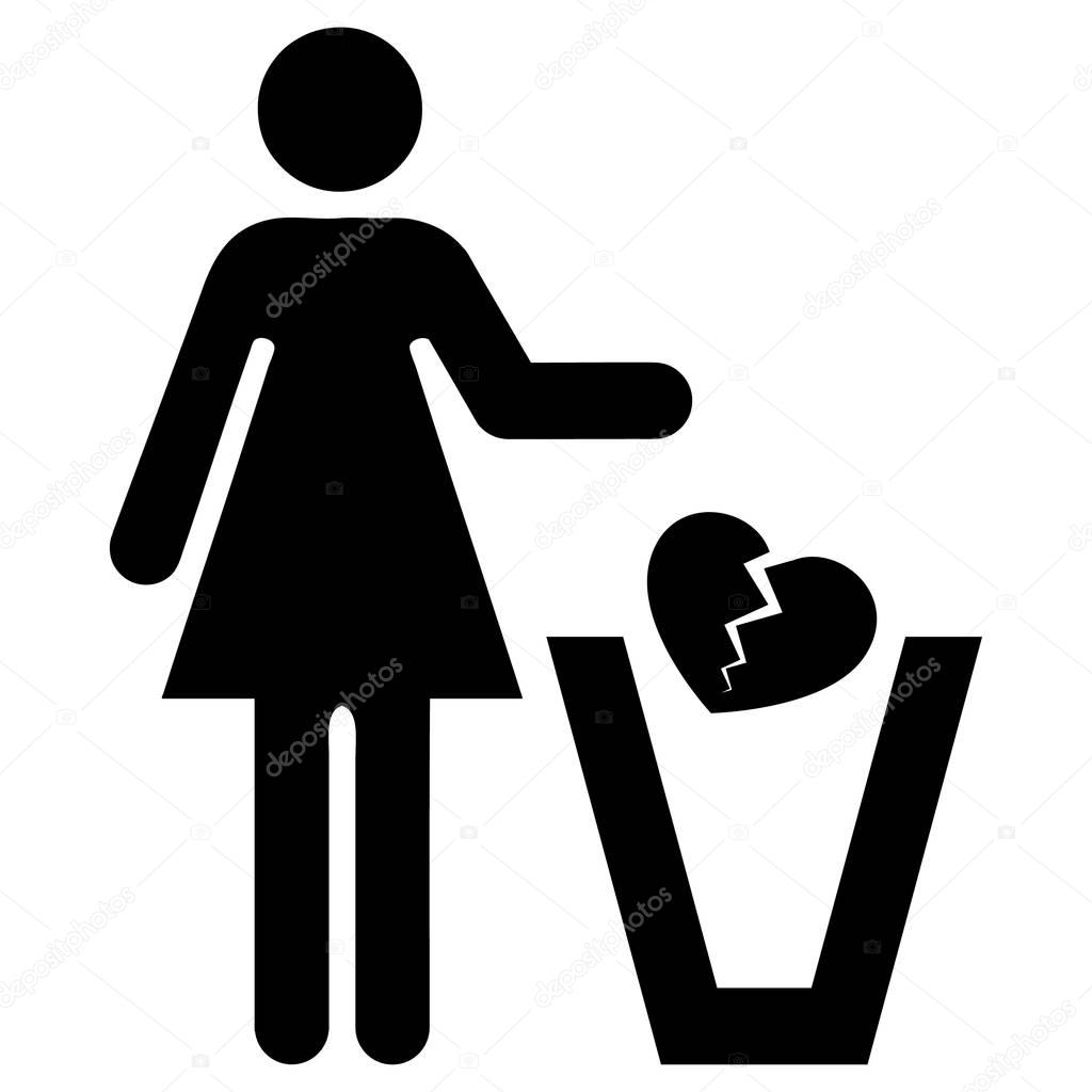 Icon woman pictogram playing heart broken in the trash. Ideal for catalogs, information and institutional material