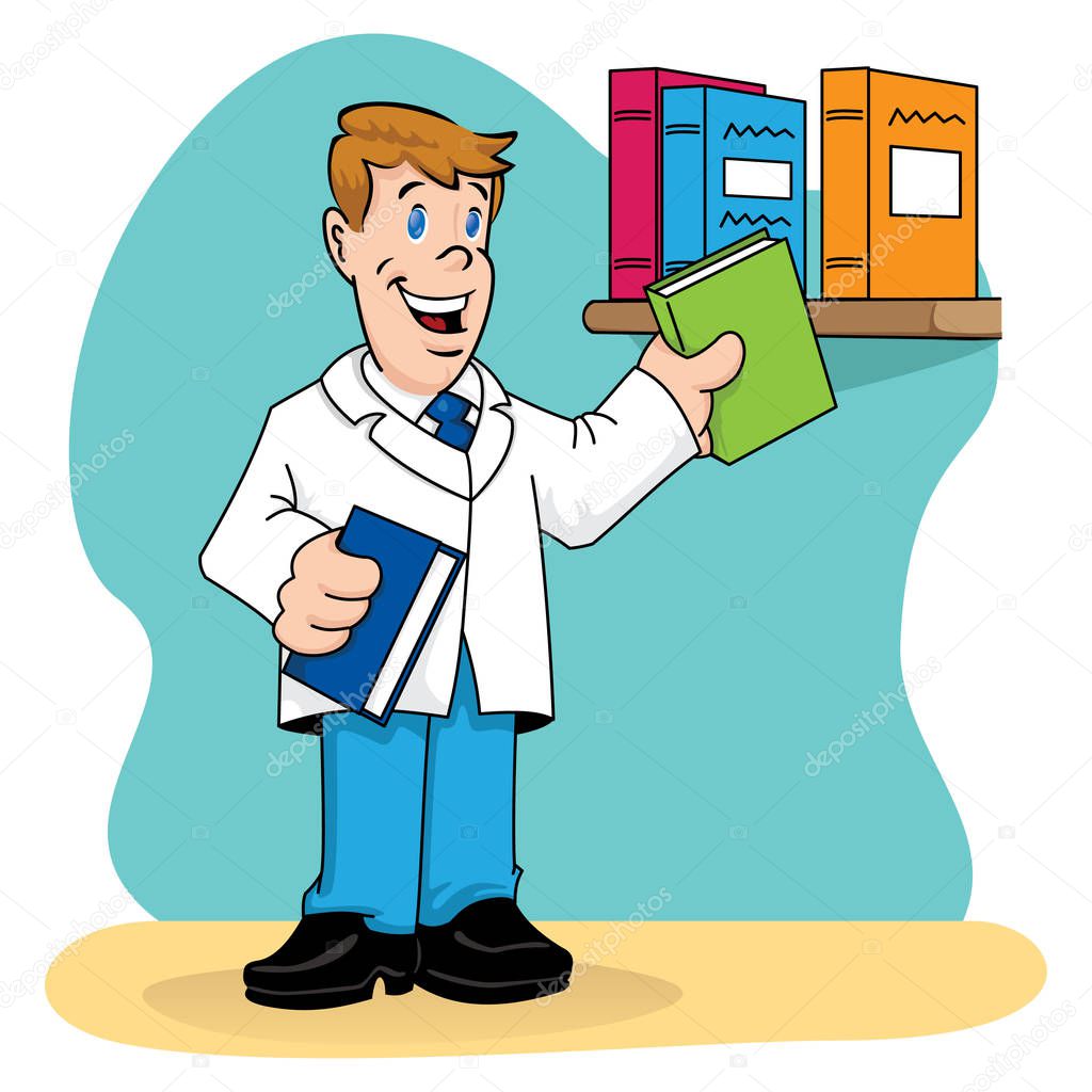Illustration representing a man in a lab coat, doctor, teacher or pharmacist organizing books. Ideal for institutional, training and institutional materials