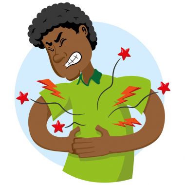 Maskot çizimi Ben Afrodescendant, mide bölgesinde ağrı belirtisi ile göbek. İdeal sağlık ve eğitim malzemeleri için