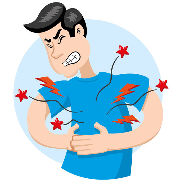 Illustration of mascot Bob caucasian, with symptom of pain in the region of the stomach, belly. Ideal for medical and educational materials