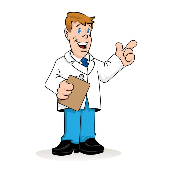 Ilustración que representa a un hombre caucásico con una bata de laboratorio, doctor, profesor o farmacéutico con un portapapeles en la mano explicando algo. Ideal para materiales institucionales y formación — Vector de stock