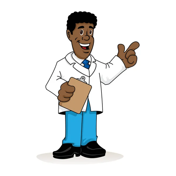 Ilustração retratando um homem afrodescendente de jaleco, médico, professor ou farmacêutico com uma prancheta na mão explicando algo. Ideal para materiais institucionais e treinamento —  Vetores de Stock