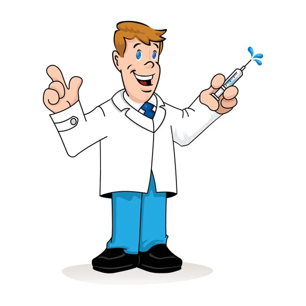 Ilustración que representa a un hombre caucásico con una bata de laboratorio, doctor, maestro o farmacéutico con una jeringa en la mano. Ideal para materiales institucionales, de formación e institucionales — Vector de stock