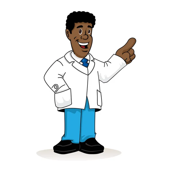 손으로 뭔가 설명 하는 그의 주머니에 실험실 외 투, 의사, 선생님 또는 약사 아프리카 후손 남자를 묘사한 그림. 이상적인 기관 자료 및 교육 — 스톡 벡터