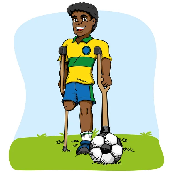 Ilustración de la mascota afrodescendiente, jugador de fútbol de una pierna adaptada. Ideal para materiales médicos y educativos — Vector de stock