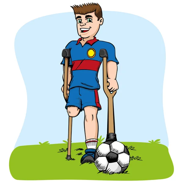 Illustratie van de Kaukasische mascotte, one-legged voetballer aangepast. Ideaal voor medische en educatieve materialen — Stockvector