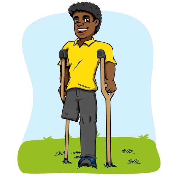 Illustration of African descent mascot, one-legged and crutches. Ideal for medical and educational materials — Stock Vector