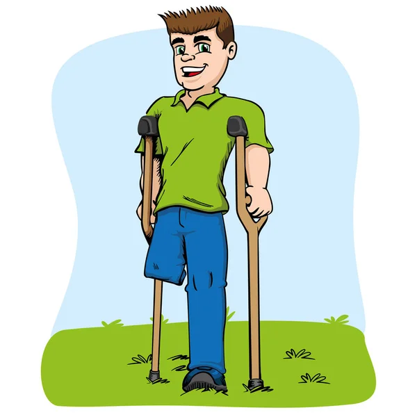 Ilustración de la mascota caucásica, con una sola pierna y muletas. Ideal para materiales médicos y educativos — Vector de stock