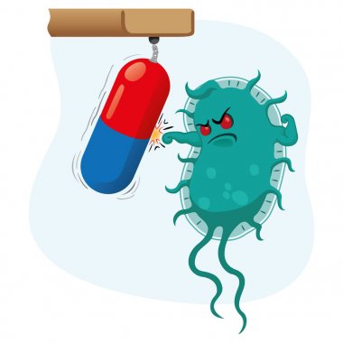Bir superbug gösterimi uyuşturucu veya antibiyotik nedeniyle güçlü ve sert olmak bir mikroorganizma karikatür. Bilgilendirici ve tıbbi malzemeler için idealdir