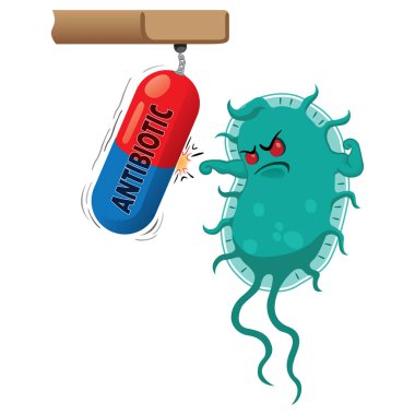 Bir superbug gösterimi uyuşturucu veya antibiyotik nedeniyle güçlü ve sert olmak bir mikroorganizma karikatür. Bilgilendirici ve tıbbi malzemeler için idealdir