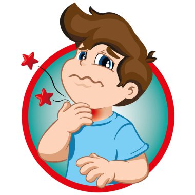 Resimde bir çocuk karakteri ile tutam, boğaz ağrısı belirtileri gösteriyor. İdeal sağlık ve kurumsal bilgi için