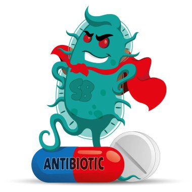 Karikatür superbug mikroorganizma getting tıp ya da antibiyotik nedeniyle güçlü ve dayanıklı bir süper kötü adam kapaklı gösteriyor. Bilgilendirici ve tıbbi malzemeler için idealdir