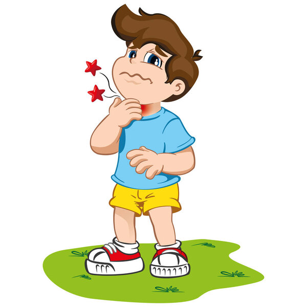 Иллюстрация изображает характер ребенка с пучком, симптомами боли в горле. Идеально подходит для здравоохранения и институциональной информации
