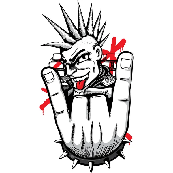 Person man representing the punk movement, with mohawk hair making horns with his fingers and tongue out. Ideal for materials on culture and social movements — Stock Vector