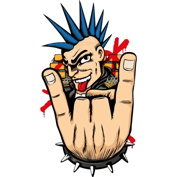 Person man som företräder den punk rörelsen, med mohawk hår gör horn med hans fingrar och tunga ut. Idealisk för material på kultur och sociala rörelser — Stock vektor