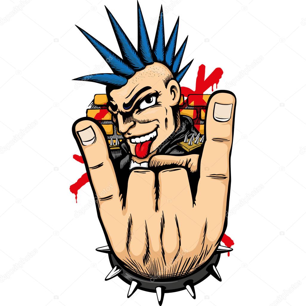 Person man representing the punk movement, with mohawk hair making horns with his fingers and tongue out. Ideal for materials on culture and social movements