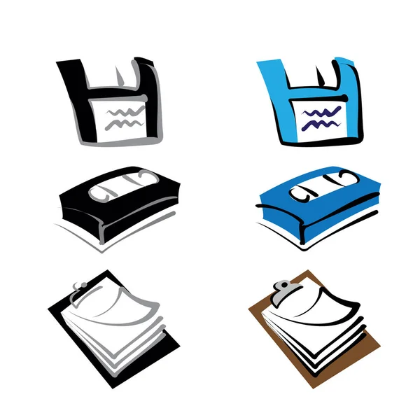Symbol-Piktogramm, Diskette, Kassettenband und Zwischenablage. ideal für Kataloge, Informationen und institutionelles Schreibtischmaterial — Stockvektor