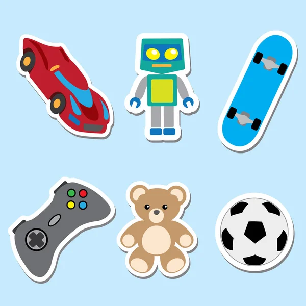 장난감, 트롤리, 로봇, 비디오 게임, 스케이트, 공, 테 디 베어의 아이콘의 그림. 카탈로그, 정보 및 제도 및 교육 자료에 적합 — 스톡 벡터
