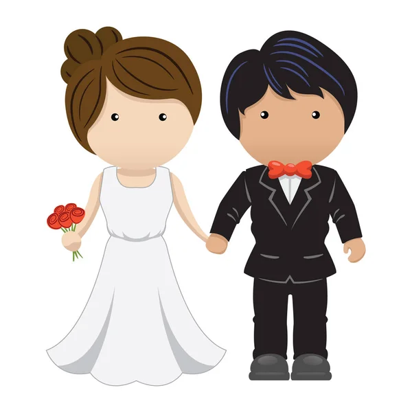 Bride and groom couple in love, with the bride holding the bouquet and hands with the bridegroom. Ideal for catalogs, information and institutional material — Stock Vector
