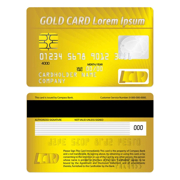 Illustration represents a credit or debit card, gold. ideal for promotional and institutional campaigns — Stock Vector