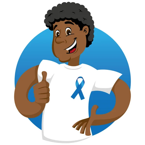 Masculino afrodescendiente mascota Ben, apoyando el movimiento azul, contra el cáncer de próstata, vistiendo una camisa blanca con cinta azul. Ideal para materiales educativos e informativos — Vector de stock